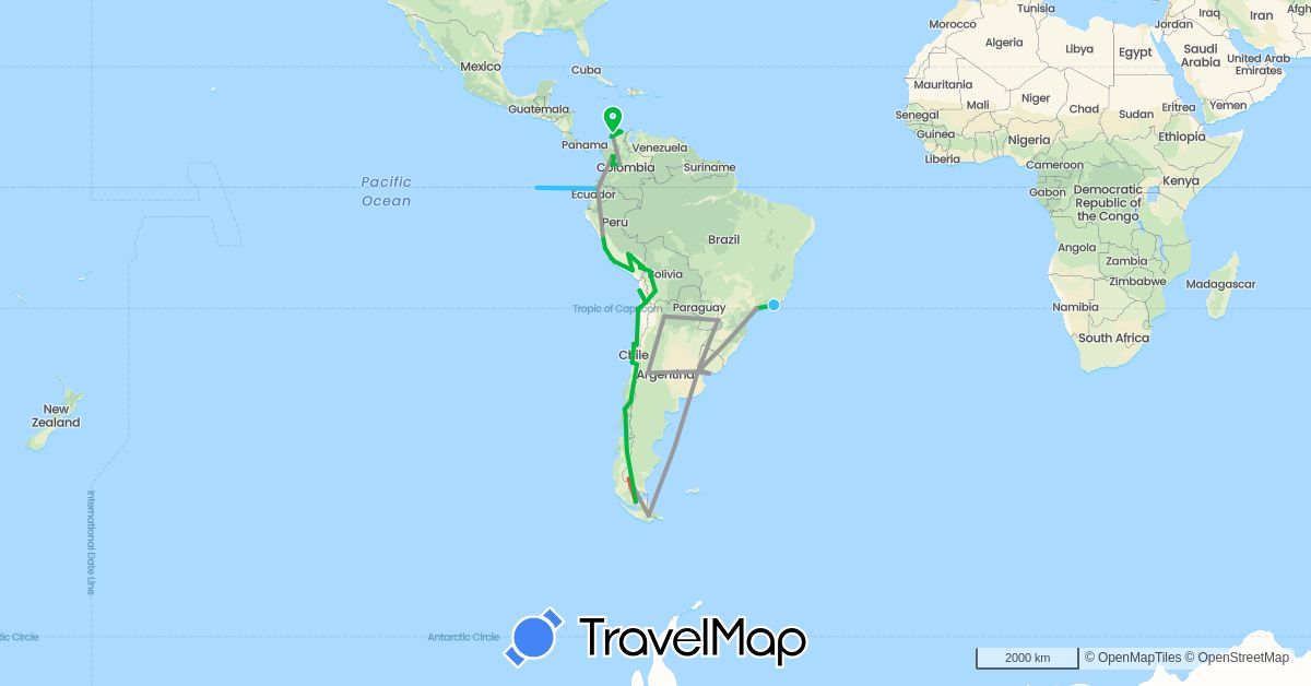 TravelMap itinerary: driving, bus, plane, hiking, boat in Argentina, Bolivia, Brazil, Chile, Colombia, Ecuador, Peru, Uruguay (South America)